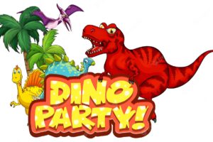 Cute dinosaurs cartoon character with dino party font banner