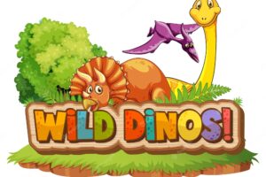 Cute dinosaurs cartoon character with font design for word wild dinos