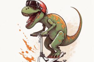 Cute dinosaurs ridding skateboard or scooter isolated white background