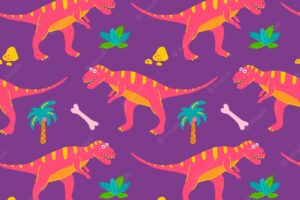 Cute tyrannosaurus dinosaur with tropical plants and palm trees vector seamless pattern