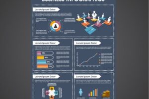 Dark blue business infographic template with colorful graphs