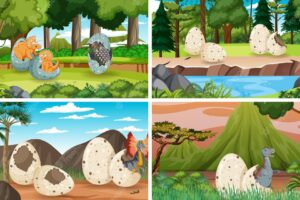 Different prehistoric forest scenes with dinosaur cartoon