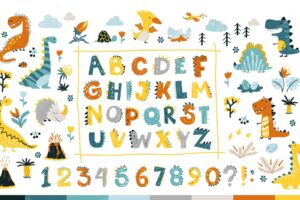 Dino collection with alphabet and numbers. funny comic font in simple hand drawn cartoon style.