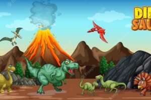 Dinosaurs cartoon character in nature scene
