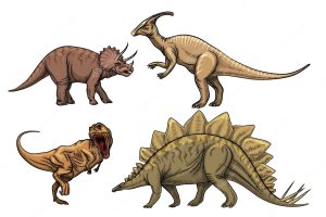 Dinosaurs characters set. predator tyrannosaurus, triceratops and velociraptor
