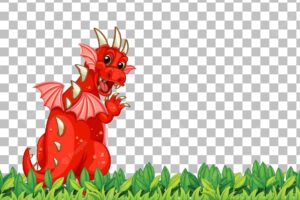 Dragon cartoon character on green grass on transparent background