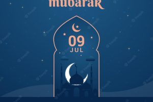 Eid al adha mubarak background design with crescent moon and mosque premium vector