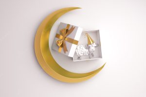 Eid al adha mubarak background with sheep crescent gift box