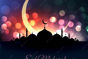 Eid al fitar beautiful mosque and moon bokeh greeting