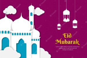 Eid mubarak banner with mosque eid alfitr with purple color