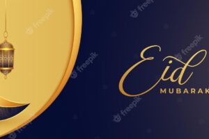 Eid mubarak beautiful banner with realistic moon and lantern