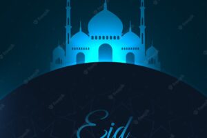 Eid mubarak blue glowing mosque background design