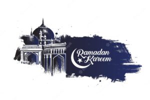Eid mubarak celebration calligraphy stylish lettering ramadan kareem text with mosque vector illustration