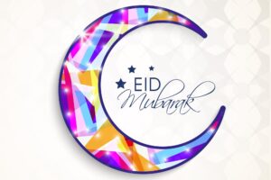 Eid mubarak celebration greeting card with colorful crescent moon and lights effect on white background