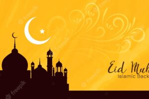 Eid mubarak festival islamic yellow banner with mosque vector