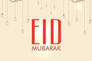 Eid mubarak font with doodle style mandala pattern and stars hang on pastel peach background