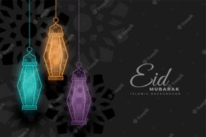 Eid mubarak glowing decorative lamps background