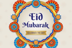 Eid mubarak golden greeting card with arabic letter and geometric ornaments or mandala.