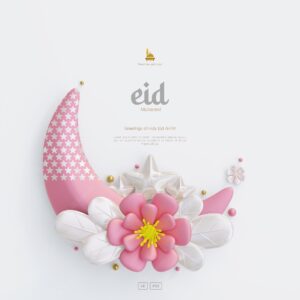 Eid mubarak greeting card background with decorative cute 3d flower crescent and islamic ornaments