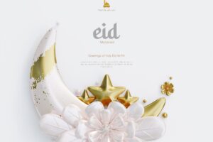 Eid mubarak greeting card background with decorative cute 3d flower crescent and islamic ornaments
