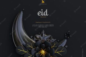 Eid mubarak greeting card background with decorative cute 3d flower crescent ornaments dark scene
