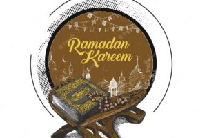 Eid mubarak the holy book of the quran on the stand with ramadan kareem text