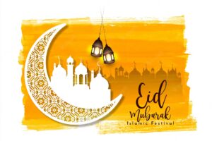 Eid mubarak islamic festival yellow watercolor stroke background vector