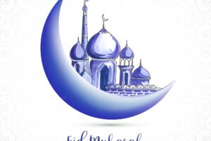 Eid mubarak islamic moon and mosque greeting card background