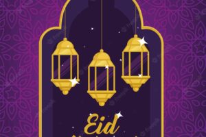 Eid mubarak lettering card with lanterns