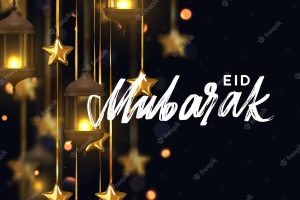 Eid mubarak. ramadan kareem. background design is arabian vintage decorative hanging lamp with bokeh. decoration light lantern, gold stars on ribbon golden.. hand lettering white color