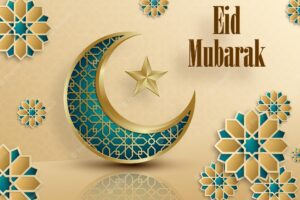 Eid mubarak or ramadan kareem on islamic design concept with cressent moon on color background for greeting card, event or poster (transaltion : eid mubarak)