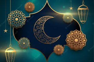 Eid mubarak realistic greeting card with lantern and moon