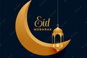 Elegant eid mubarak golden moon and lantern background