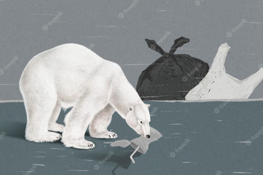 Endangered starving polar bear eating trash to survive in global warming