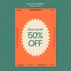 English language courses vertical flyer template in retro style