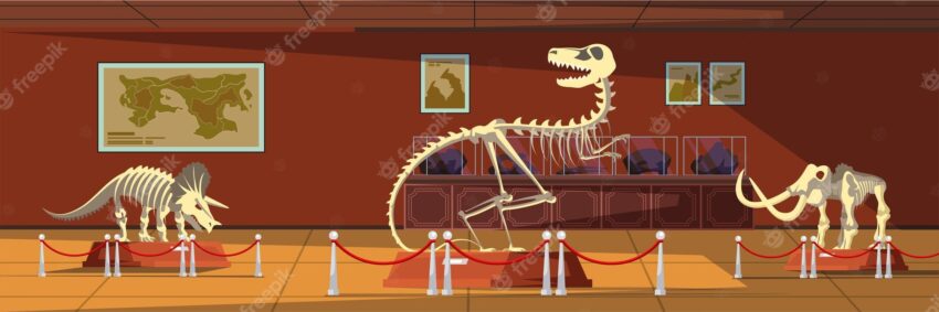 Extinct animals bones prehistoric wildlife mammoth tyrannosaurus rex and triceratops skeletons paleontology museum showpieces ancient creatures remains exposition