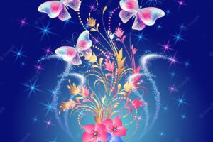 Fantasy flying butterflies, flowers ornament with  firework and glowing salute