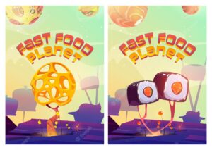Fast food planet posters set with fantasy landscape with sushi and cheese trees pizza and hamburger planets in sky
