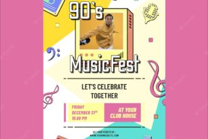 Flat design 90s nostalgic music festival poster