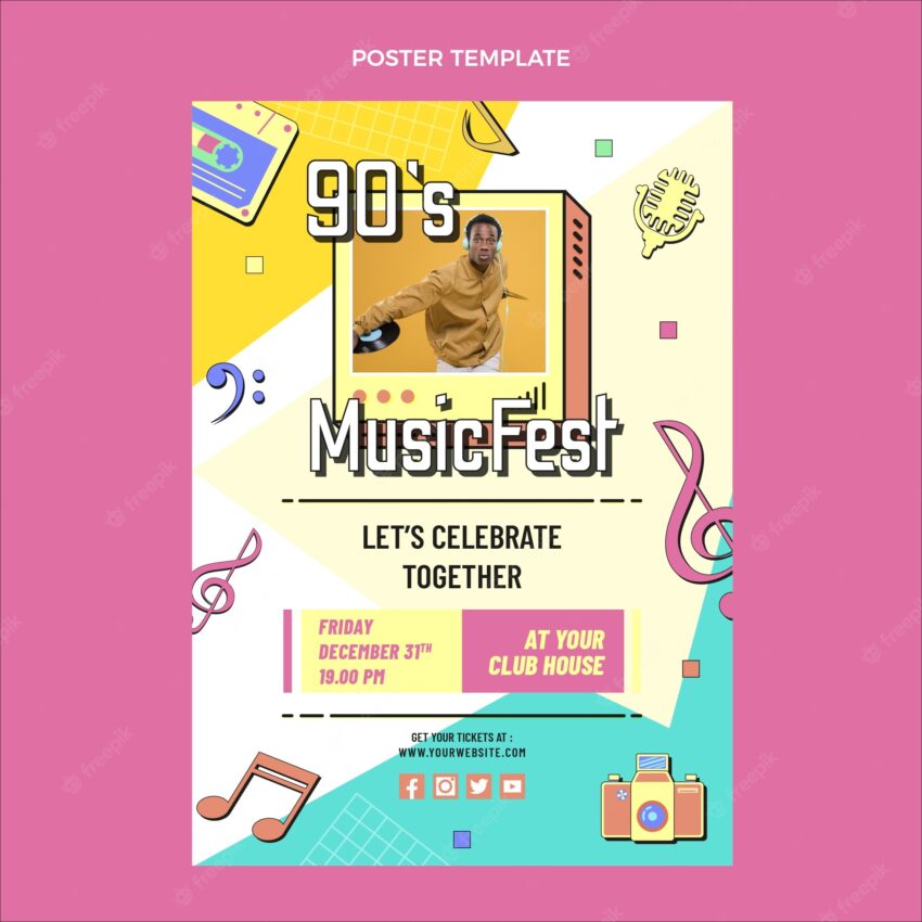Flat design 90s nostalgic music festival poster