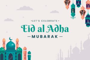 Flat eid al-adha background with palace and lanterns