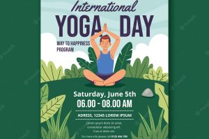Flat international yoga day vertical flyer template with person doing yoga
