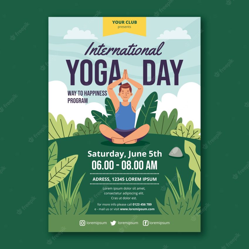 Flat international yoga day vertical flyer template with person doing yoga