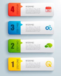 Flat set of colorful ordered horizontal business infographic with text field isolated