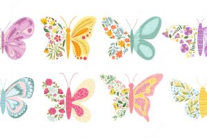 Floral butterflies summer butterfly with colorful flowers in wing shape pretty insects vector illustration set