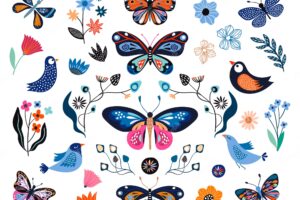 Floral collection with decorative elemets, butterflies, flowers, birds