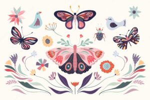 Floral illustration with bird and butterfly