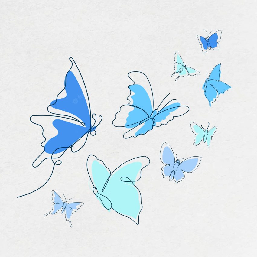 Flying butterfly sticker, blue line art vector animal illustration set