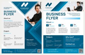 Foldable business flyer template in blue modern design