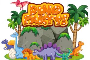 Font design for word dino party with many dinosaurs in forest